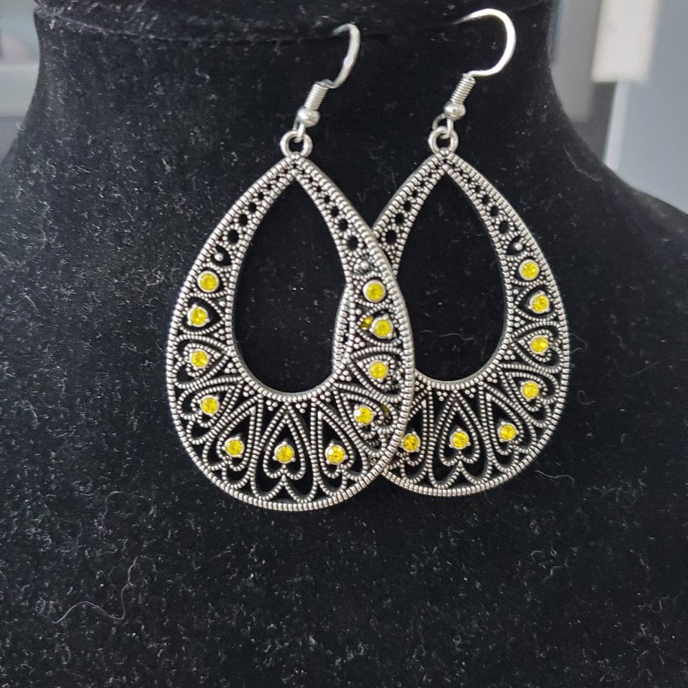 Silver and Yellow Hear Large Dangle Earings